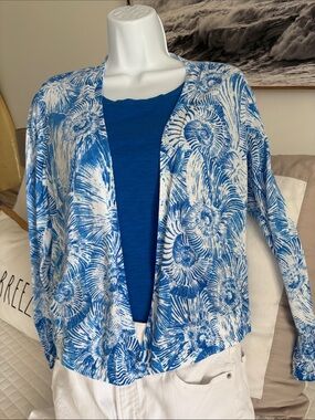 Chico's Blue and White Shell print Open Printed Cardigan